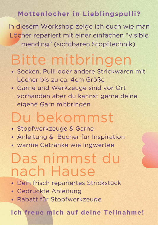 Flyer for a sewing workshop on repairing holes in clothing with visible mending technique.