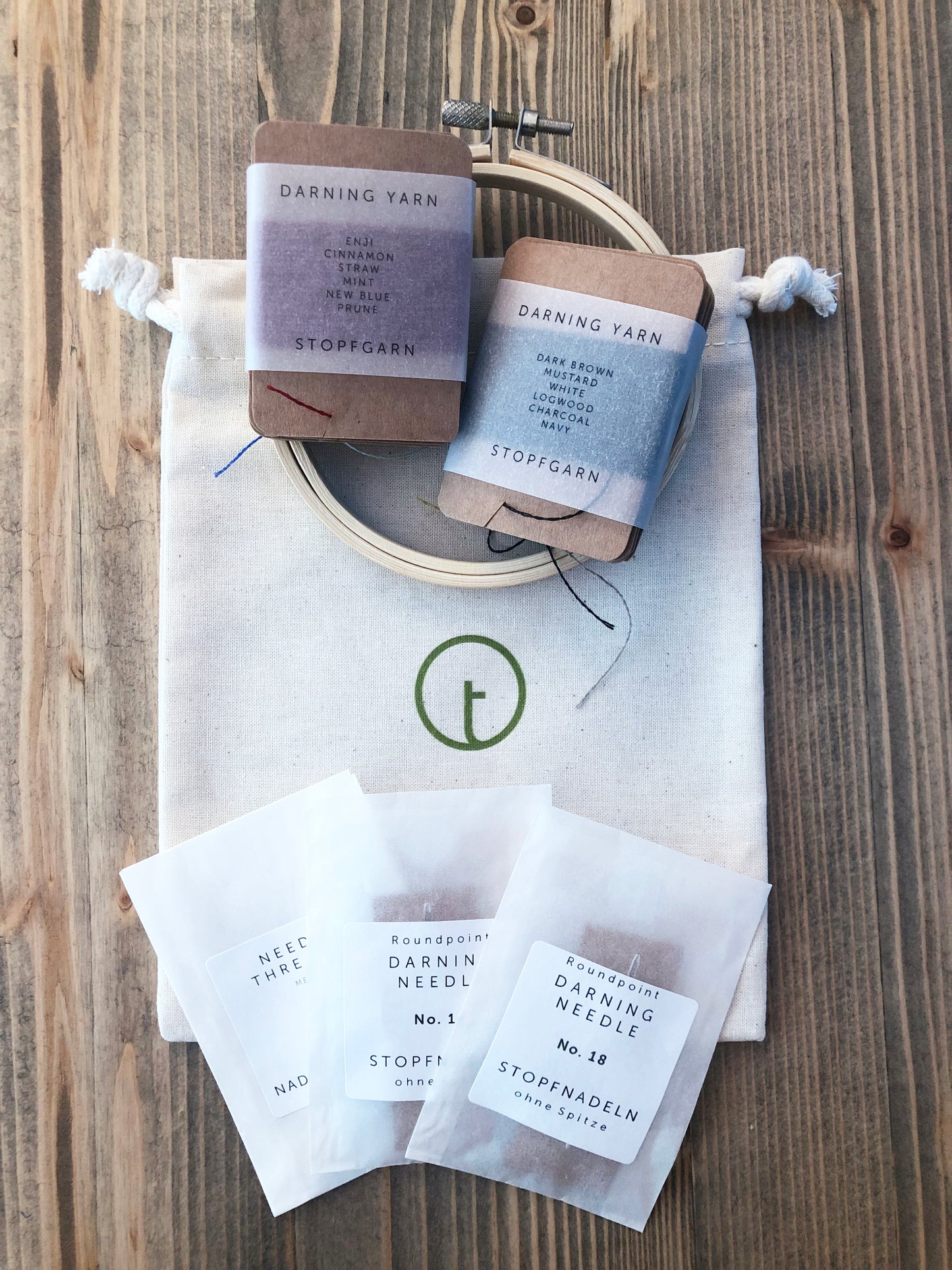 An essential set of darning tools. Very practical basic kit for repairing/mending holes and tears on knit clothes such as pullovers and shawls. Plastic free products and shipping.