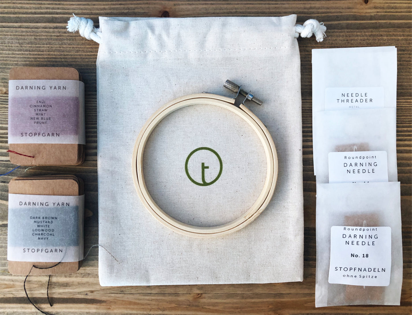 An essential set of darning tools. Very practical basic kit for repairing/mending holes and tears on knit clothes such as pullovers and shawls. Plastic free products and shipping.