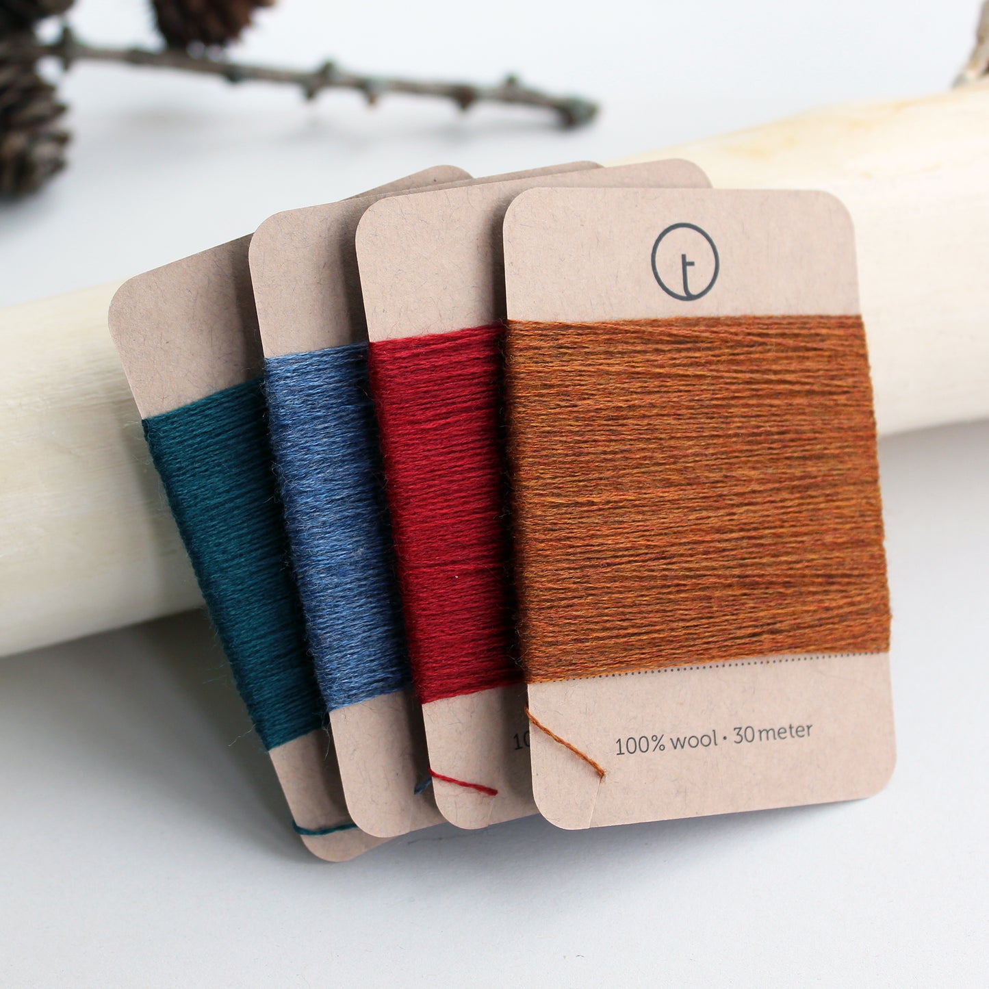 toolly offers darning yarns in 9 essential colors. They are 100% pure wool without any artificial fiber. 30 meter yarn is wound around kraft paper card. Set of 3 colors, 7 colors and a color sample card can be also purchased.