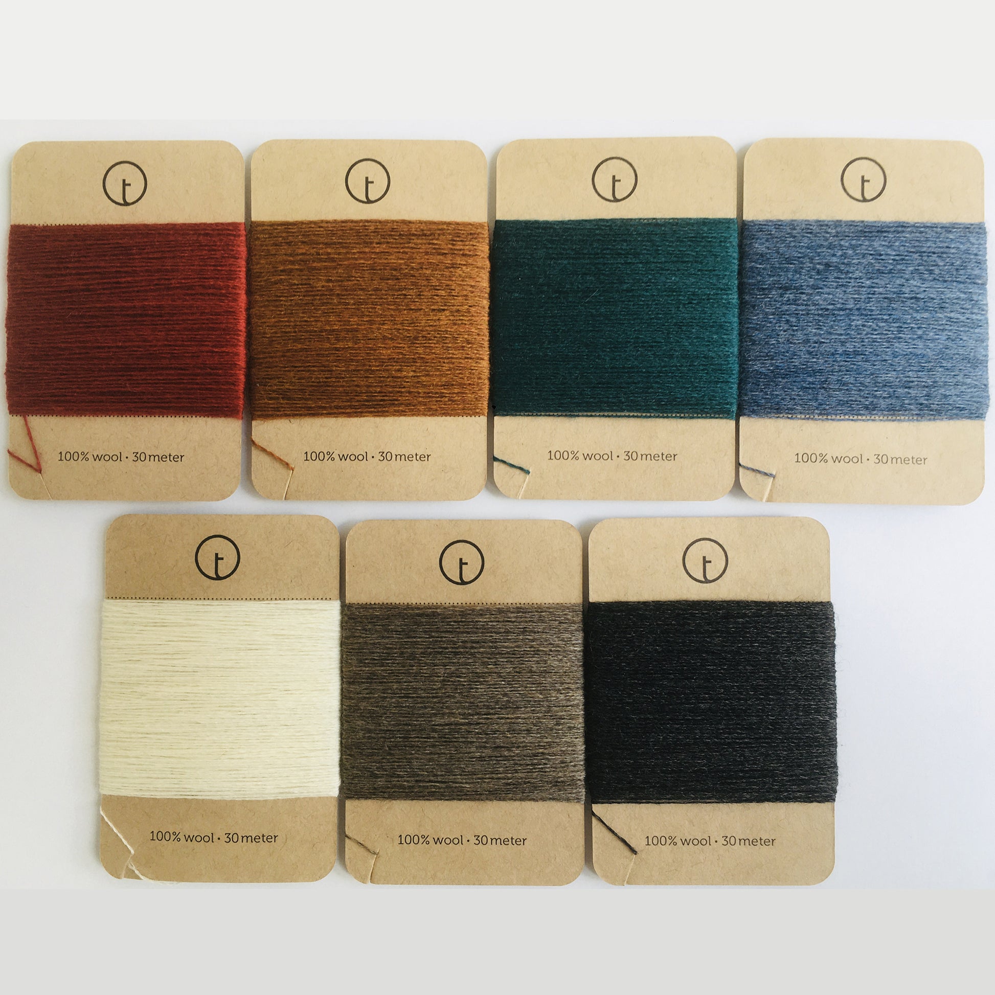toolly offers darning yarns in 9 essential colors. They are 100% pure wool without any artificial fiber. 30 meter yarn is wound around kraft paper card. Set of 3 colors, 7 colors and a color sample card can be also purchased.