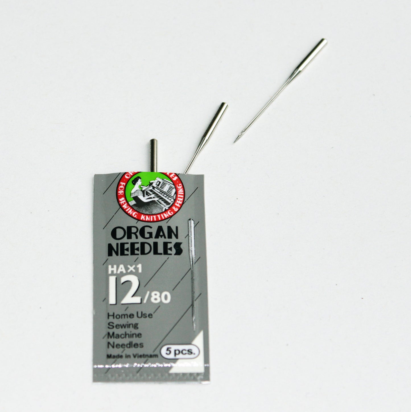 Organ sewing needles HA x 1 (130/705H), size 12/80, pack of 5. Ideal for general-purpose sewing on medium-weight woven fabrics. Compatible with most home sewing machines including Brother, Singer, Janome, and more.
