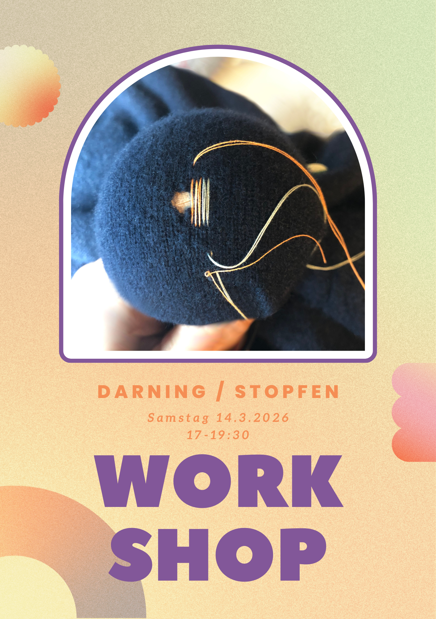 stopfkurs flyer a Photo of knit garment on a darning mushroom with texts information of workshop date and time.