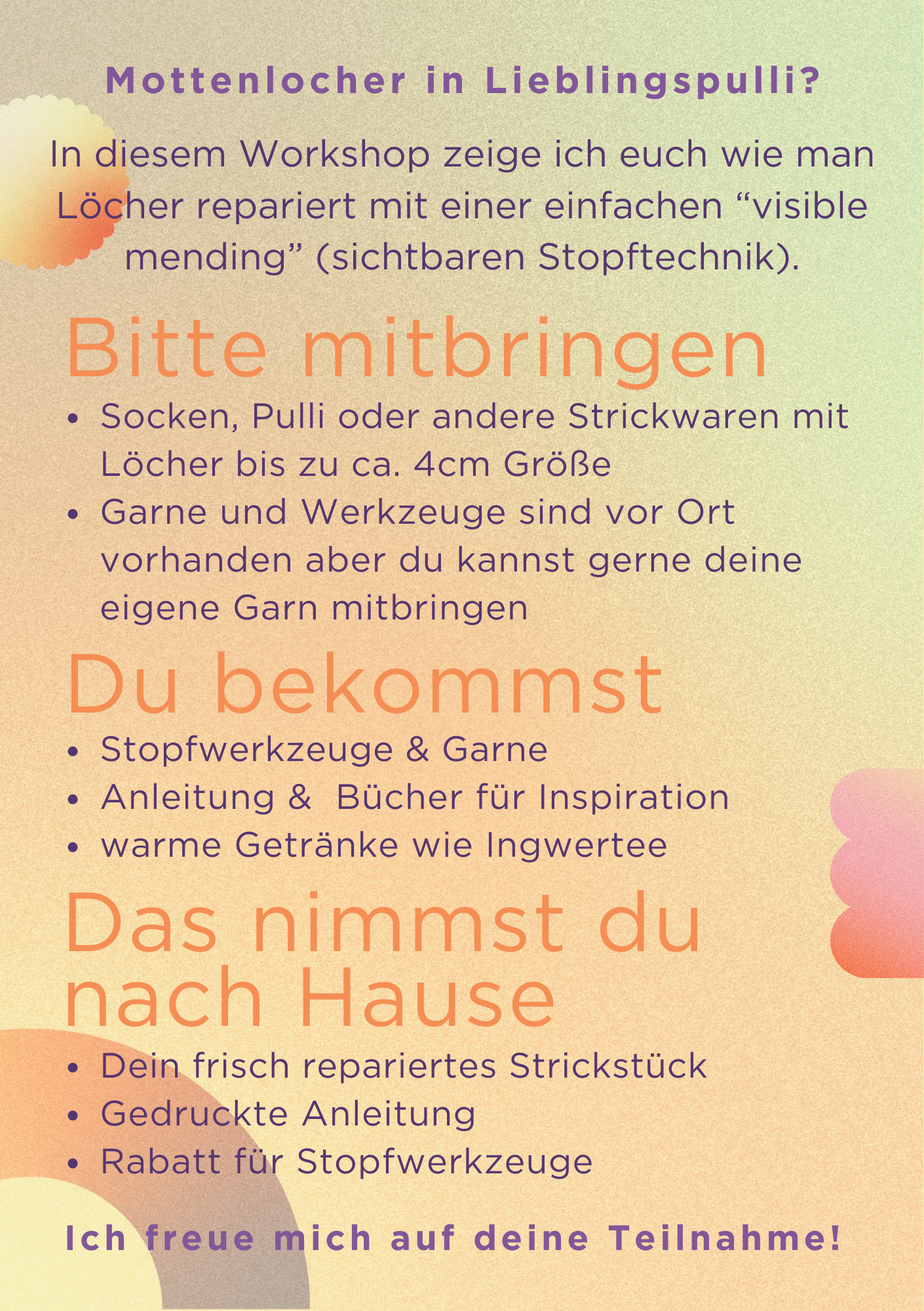 Flyer for a sewing workshop on repairing holes in clothing with visible mending technique.