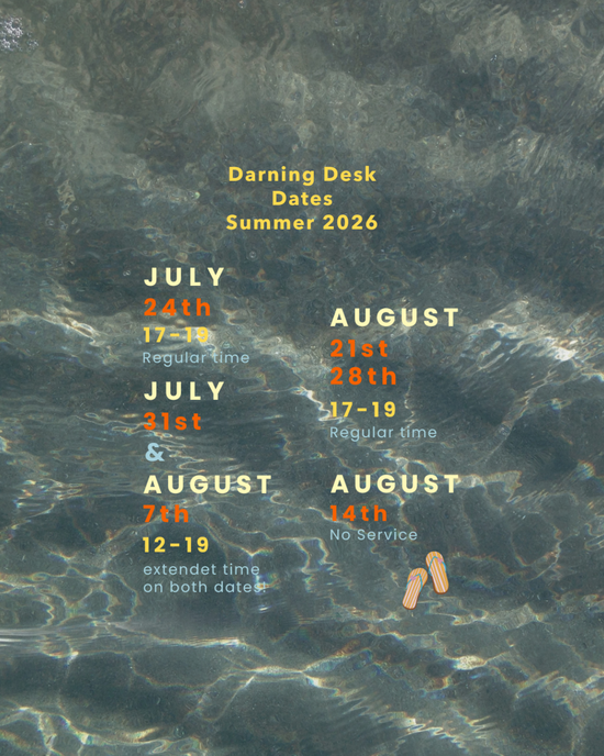 A square graphic with an underwater-style textured background in blue-gray and green tones, overlaid with yellow text reading 'Darning Desk Dates Summer 2026' and date listings for July 24th, July 21st, August 21st, and August 14th, plus small orange-and-white flip-flop illustrations.