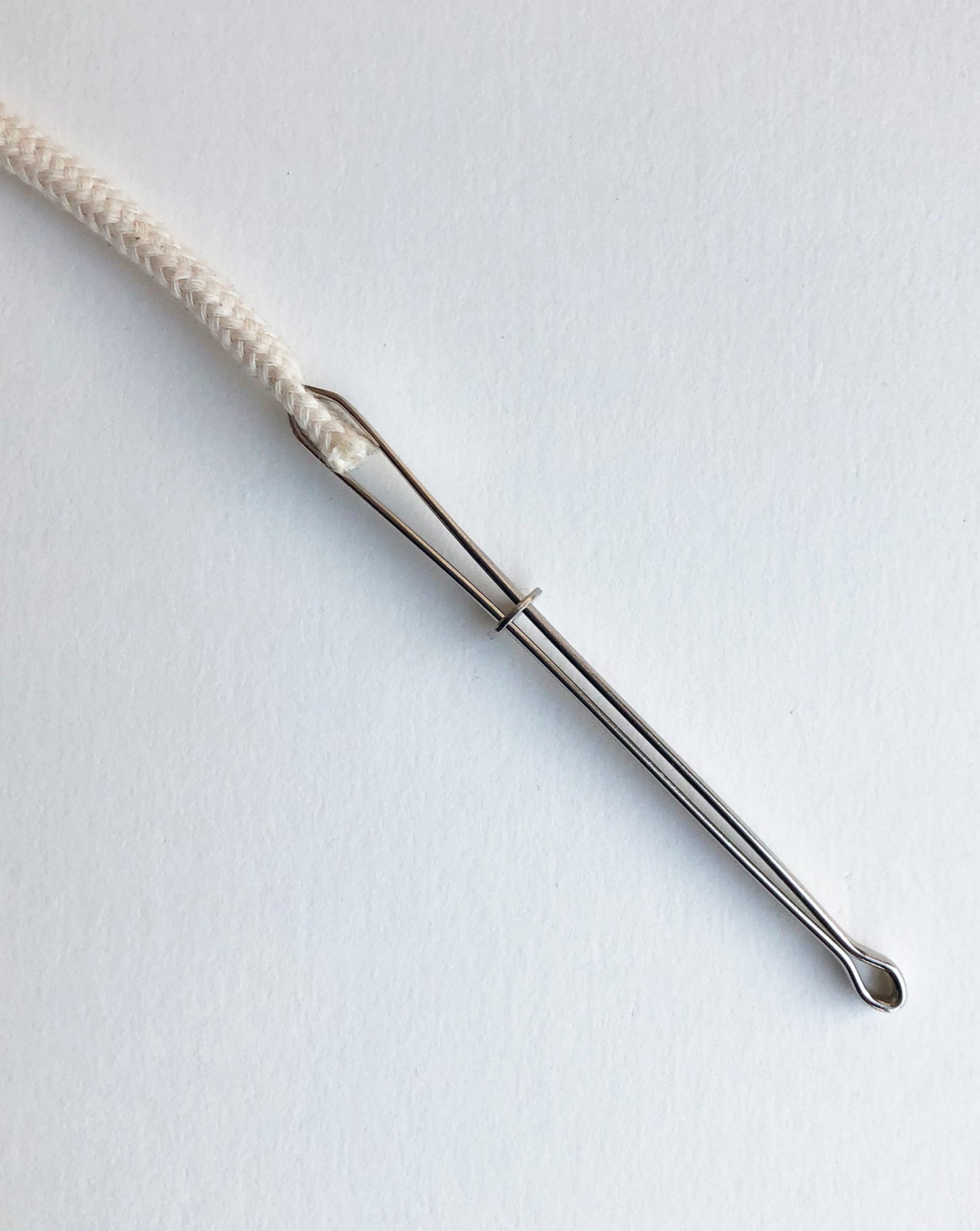 A bodkin will be opened and closed by sliding a little metal ring. Open to insert a string or ruber band, close to secure them in between tweezers, then the bodkin will be threaded the casing.